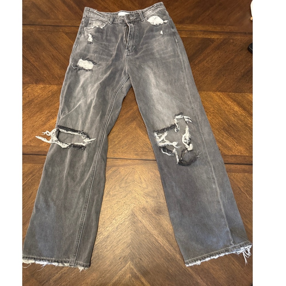 Distressed Ripped Wide Leg Jeans High Waist Grunge Gray Denim Trousers‎ |F1